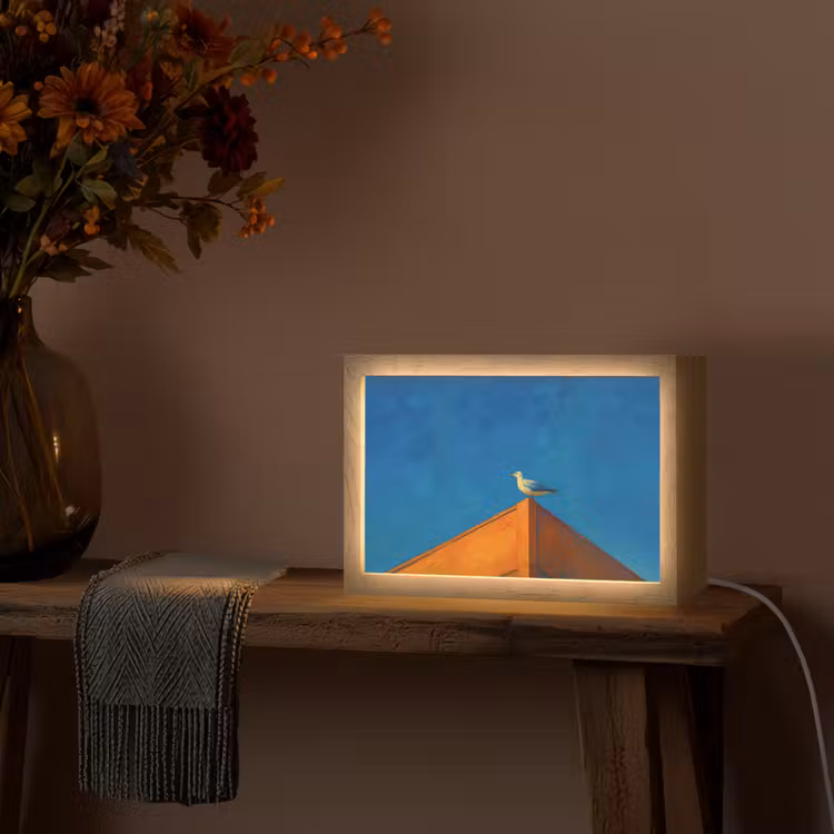 Meeuw - Gebouw - Lucht - Geschilderd Light Box met kabel (Tafellamp) klein -sfeer4