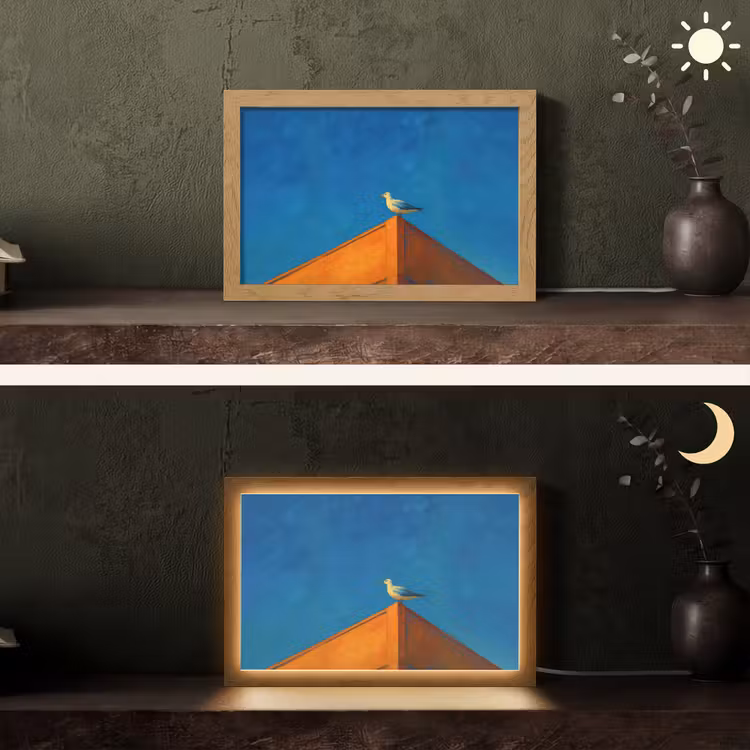 Meeuw - Gebouw - Lucht - Geschilderd Light Box met kabel (Tafellamp) klein -sfeer3
