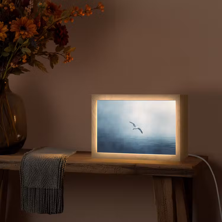Meeuw - Wit - Zee - Mistig Light Box met kabel (Tafellamp) klein -sfeer4