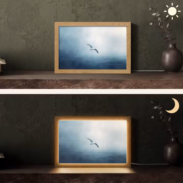 Meeuw - Wit - Zee - Mistig Light Box met kabel (Tafellamp) klein -sfeer3