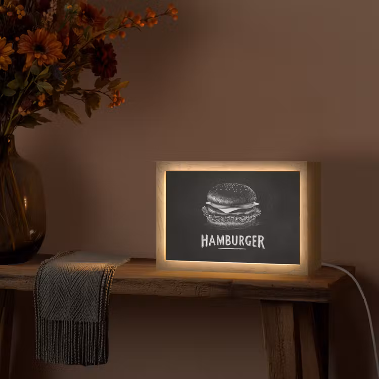 Hamburger - Krijttekst - Zwart - Wit Light Box met kabel (Tafellamp) klein -sfeer4