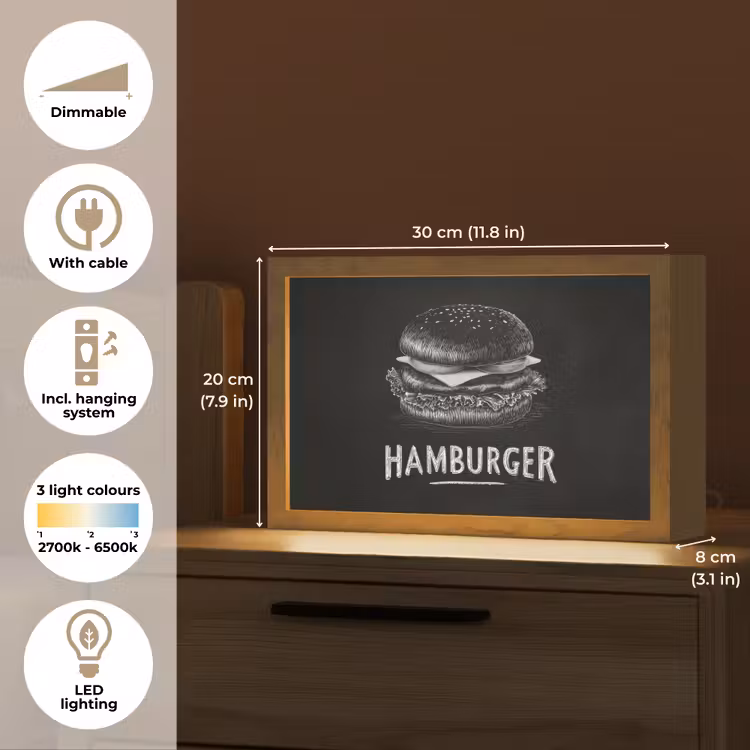 Hamburger - Krijttekst - Zwart - Wit Light Box met kabel (Tafellamp) klein -USP_EN