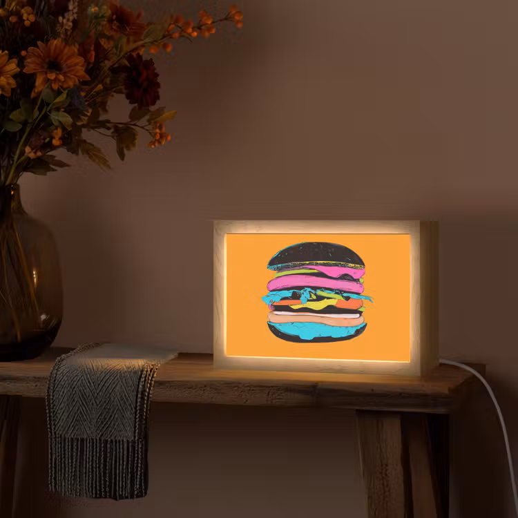 Hamburger - Kleurrijk - Speels Light Box met kabel (Tafellamp) klein -sfeer4