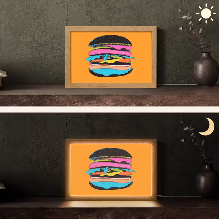 Hamburger - Kleurrijk - Speels Light Box met kabel (Tafellamp) klein -sfeer3