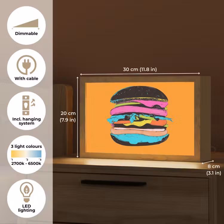 Hamburger - Kleurrijk - Speels Light Box met kabel (Tafellamp) klein -USP_EN