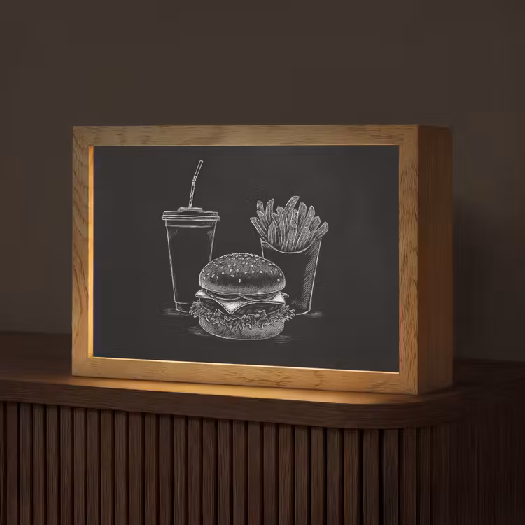 Hamburger - Friet - Frisdrank - Krijttekening Light Box met kabel (Tafellamp) klein -z3d_website