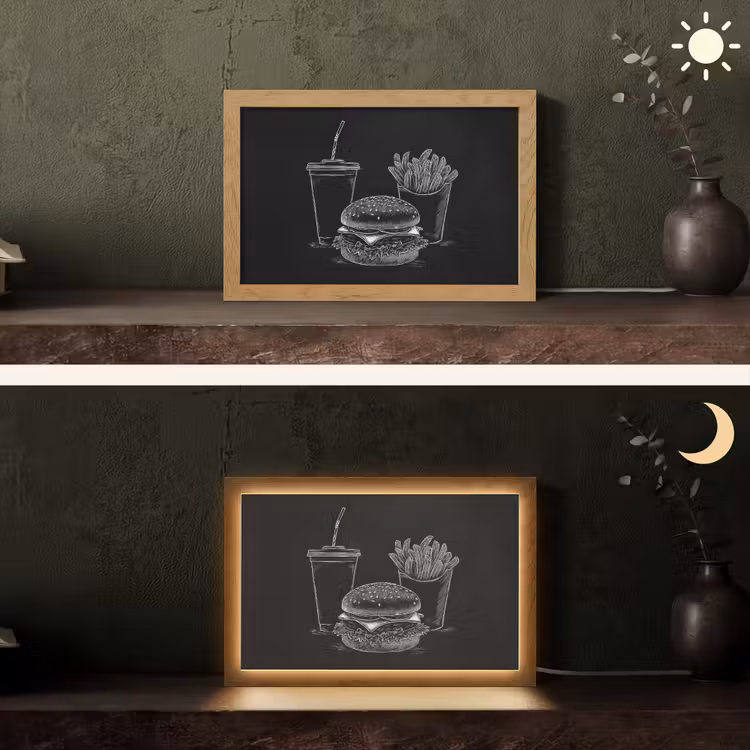 Hamburger - Friet - Frisdrank - Krijttekening Light Box met kabel (Tafellamp) klein -sfeer3