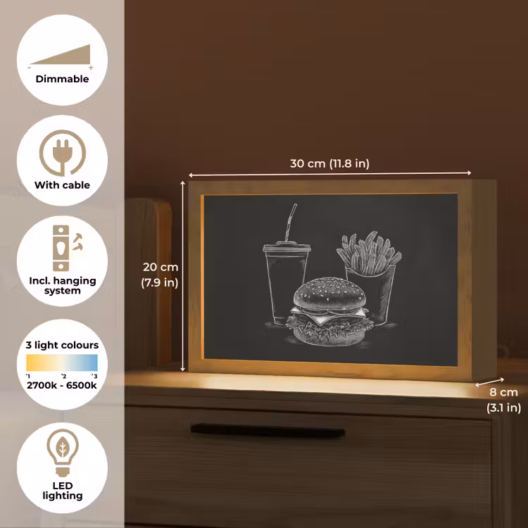 Hamburger - Friet - Frisdrank - Krijttekening Light Box met kabel (Tafellamp) klein -USP_EN