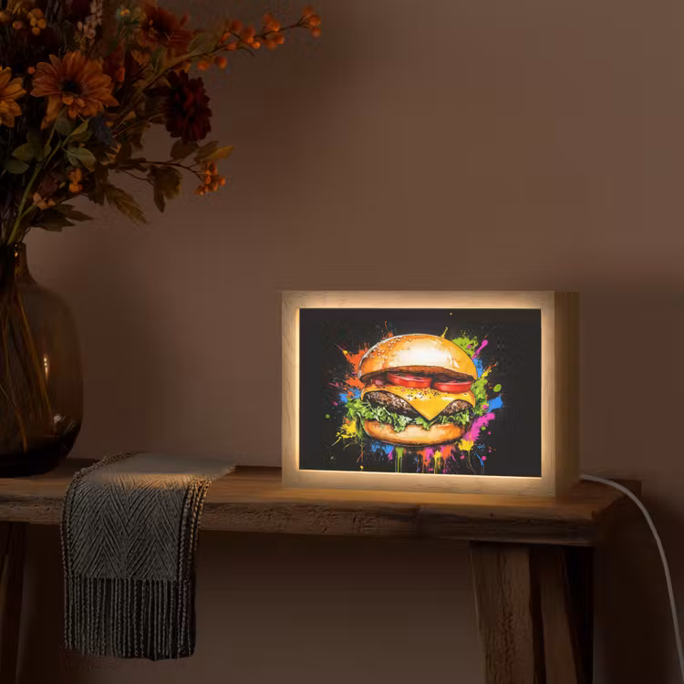 Hamburger - Graffiti - Verf - Kleurrijk - Eten - Abstract Light Box met kabel (Tafellamp) klein -sfeer4