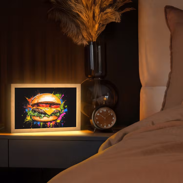 Hamburger - Graffiti - Verf - Kleurrijk - Eten - Abstract Light Box met kabel (Tafellamp) klein -sfeer1