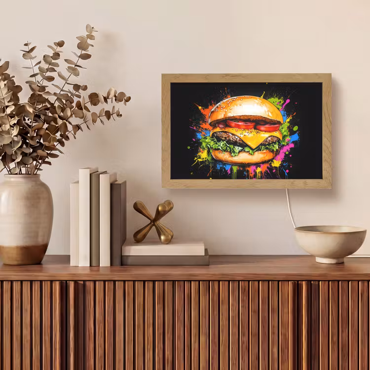 Hamburger - Graffiti - Verf - Kleurrijk - Eten - Abstract Light Box met kabel (Tafellamp) klein -sfeer2