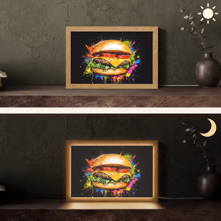 Hamburger - Graffiti - Verf - Kleurrijk - Eten - Abstract Light Box met kabel (Tafellamp) klein -sfeer3