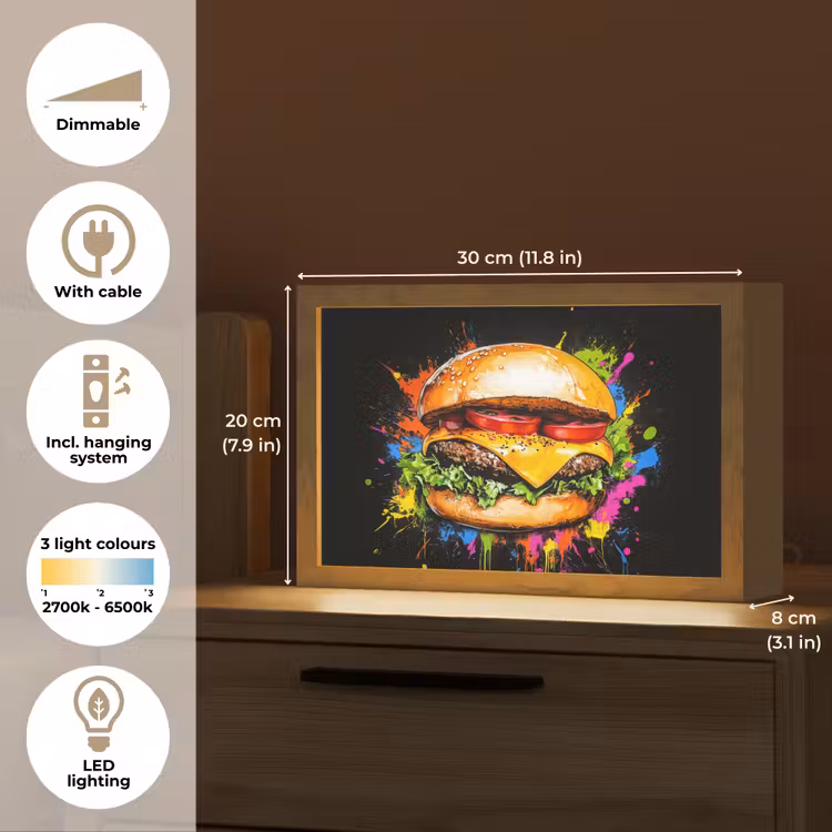 Hamburger - Graffiti - Verf - Kleurrijk - Eten - Abstract Light Box met kabel (Tafellamp) klein -USP_EN