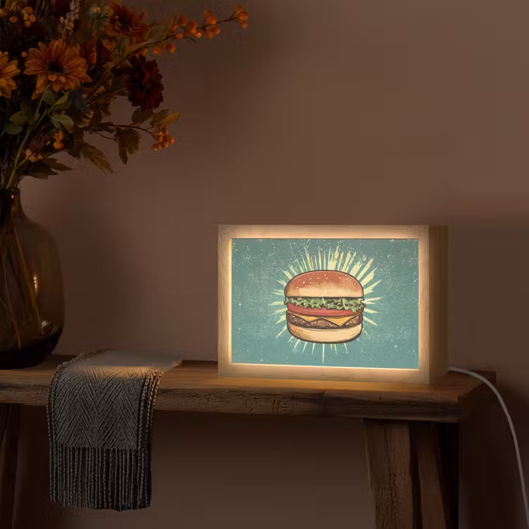 Hamburger - Illustratie - Sla - Kaas Light Box met kabel (Tafellamp) klein -sfeer4