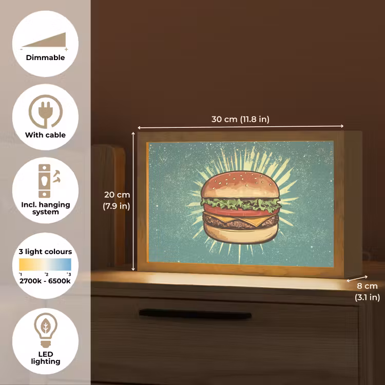 Hamburger - Illustratie - Sla - Kaas Light Box met kabel (Tafellamp) klein -USP_EN
