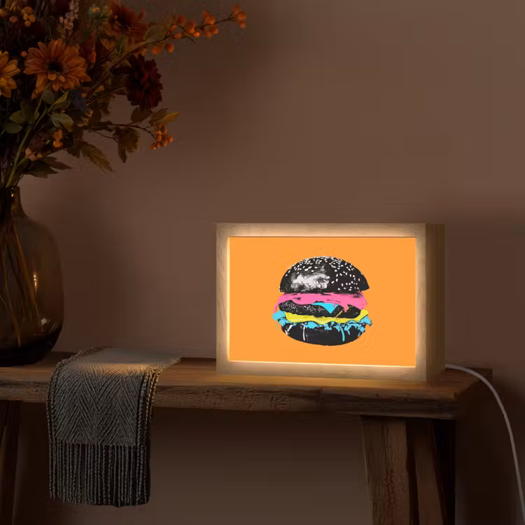 Hamburger - Oranje - Neon - popart Light Box met kabel (Tafellamp) klein -sfeer4