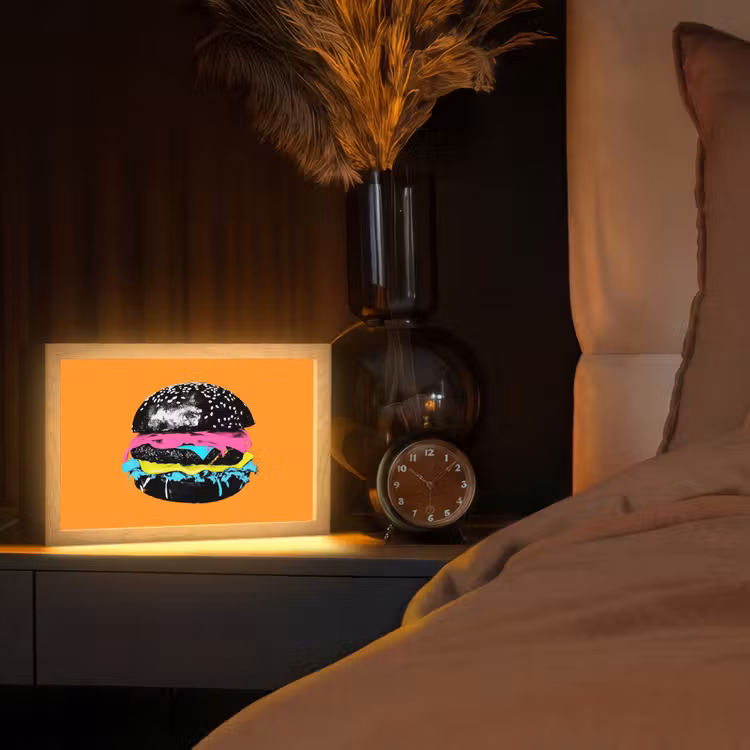Hamburger - Oranje - Neon - popart Light Box met kabel (Tafellamp) klein -sfeer1