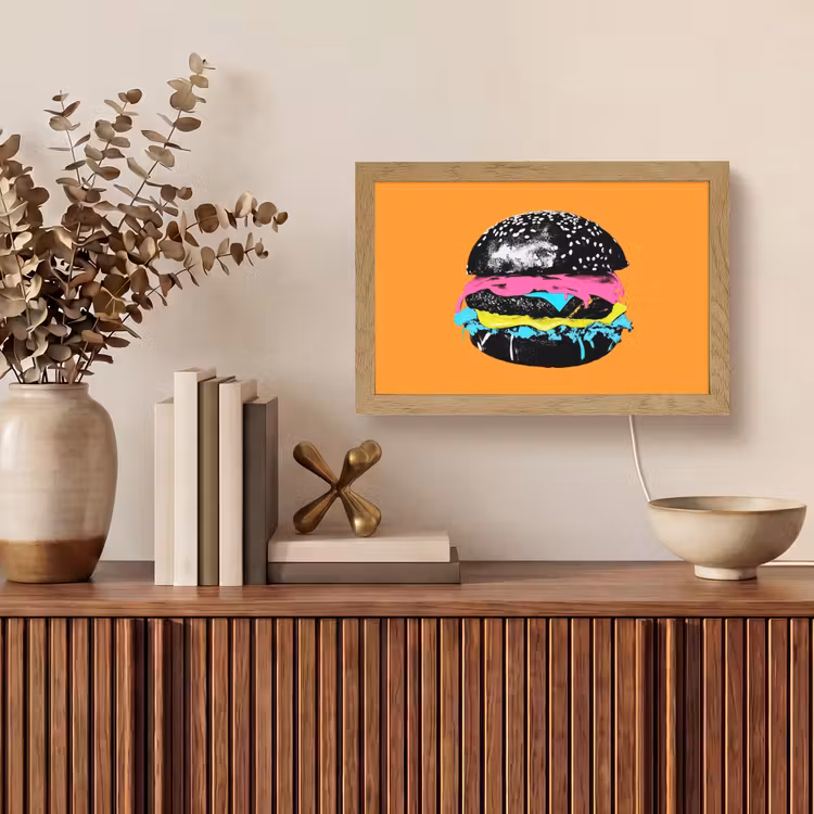 Hamburger - Oranje - Neon - popart Light Box met kabel (Tafellamp) klein -sfeer2