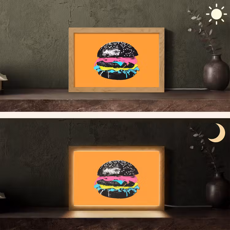 Hamburger - Oranje - Neon - popart Light Box met kabel (Tafellamp) klein -sfeer3