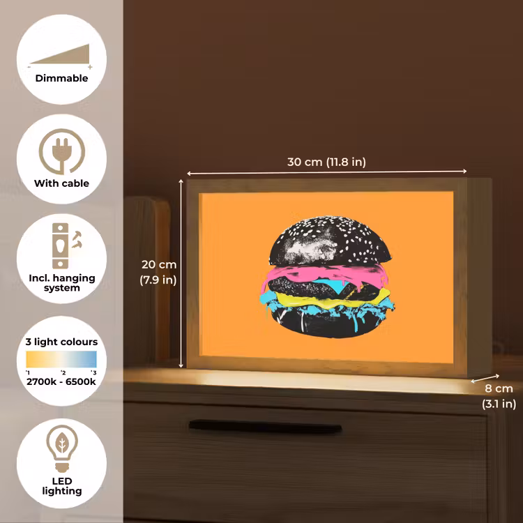 Hamburger - Oranje - Neon - popart Light Box met kabel (Tafellamp) klein -USP_EN