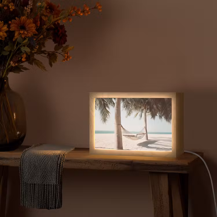 Hangmat - Palmbomen - Strand - Zee Light Box met kabel (Tafellamp) klein -sfeer4