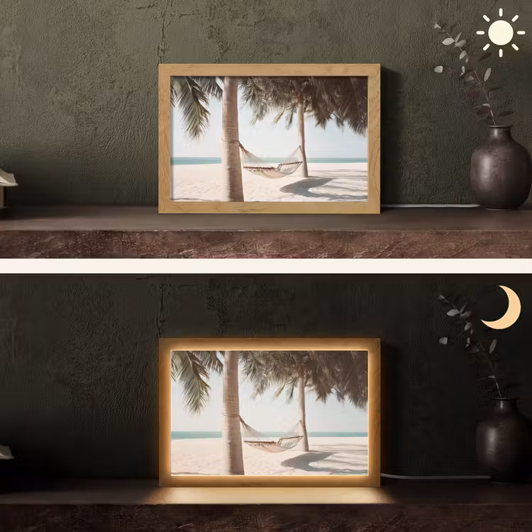 Hangmat - Palmbomen - Strand - Zee Light Box met kabel (Tafellamp) klein -sfeer3