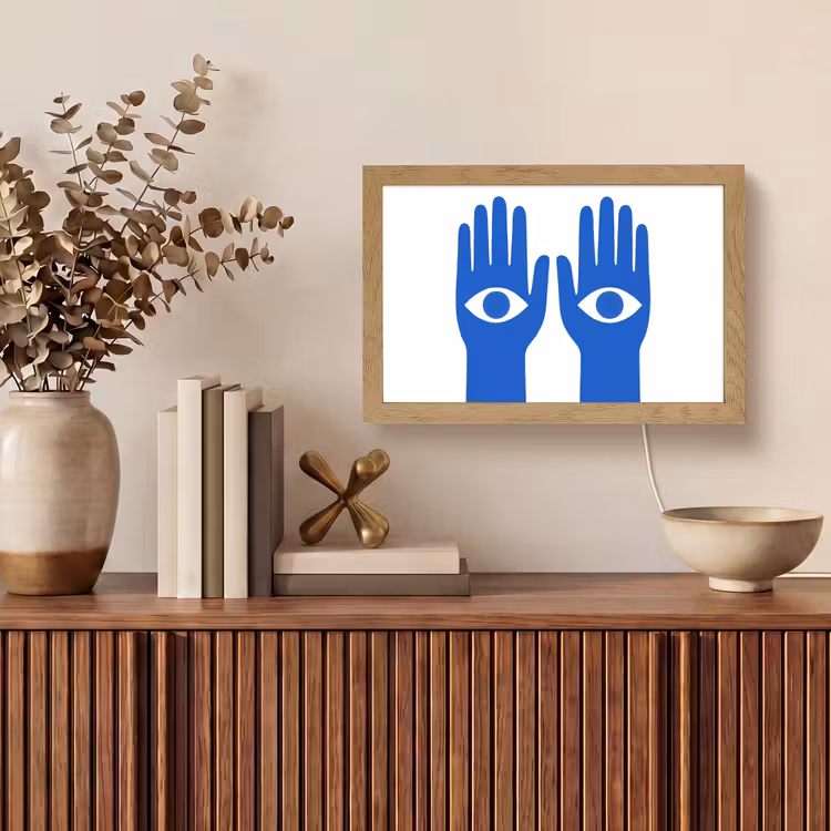 Handen - Twee - Ogen - Blauw Light Box met kabel (Tafellamp) klein -sfeer2