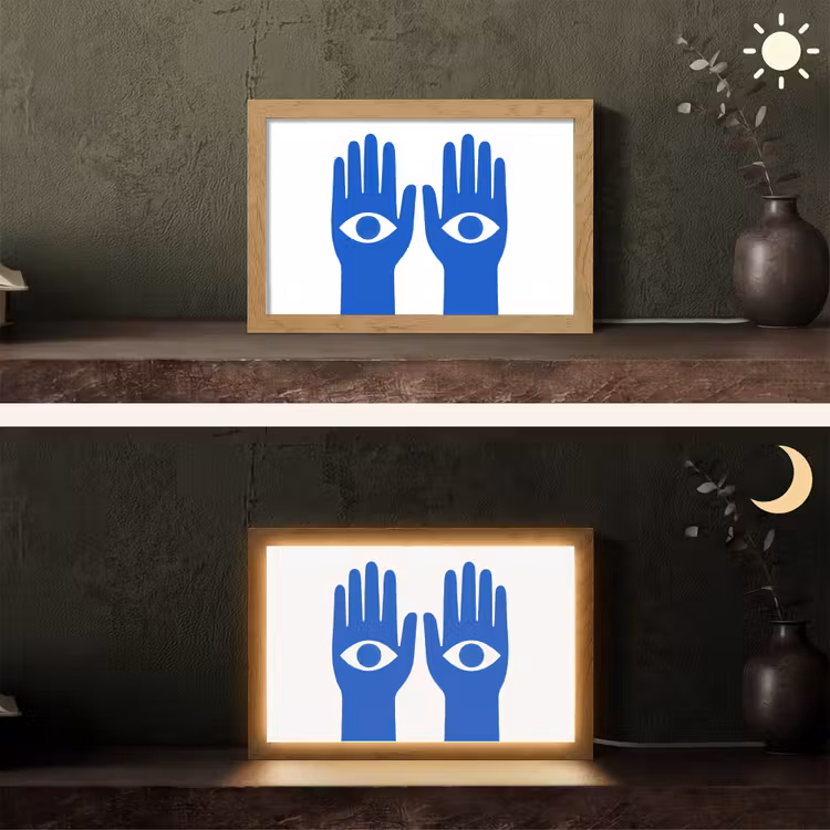 Handen - Twee - Ogen - Blauw Light Box met kabel (Tafellamp) klein -sfeer3