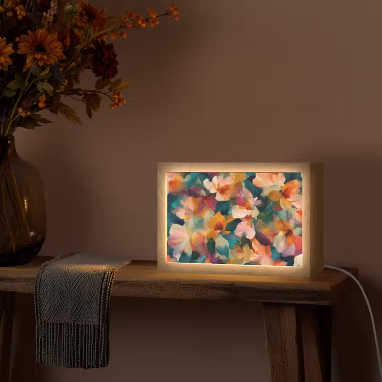 Harmonieus - Abstracte bloemen - Warme tinten Light Box met kabel (Tafellamp) klein -sfeer4