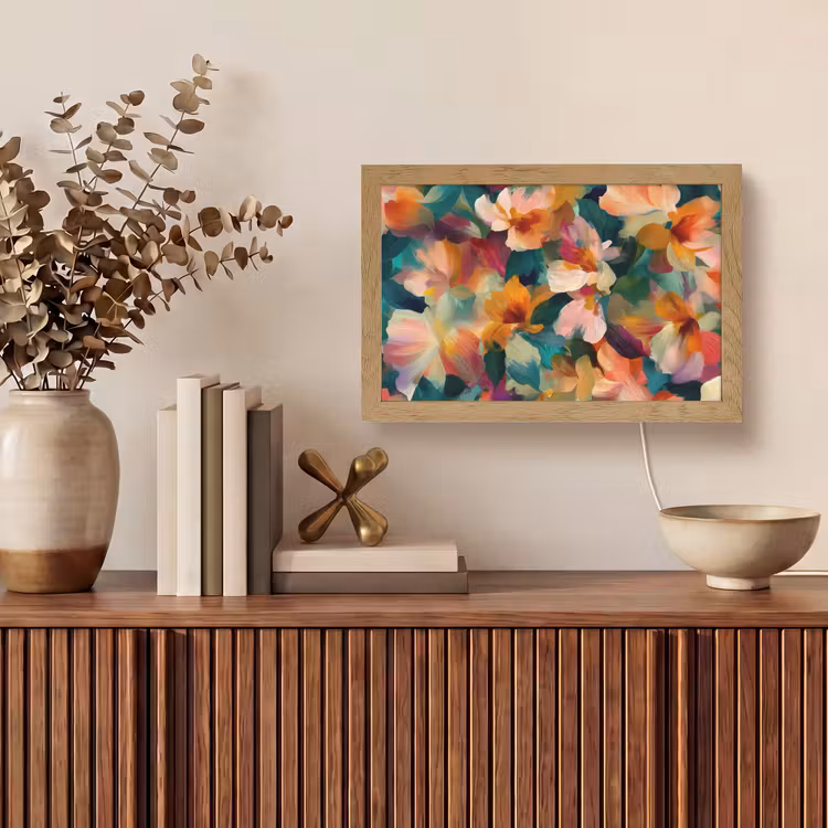 Harmonieus - Abstracte bloemen - Warme tinten Light Box met kabel (Tafellamp) klein -sfeer2