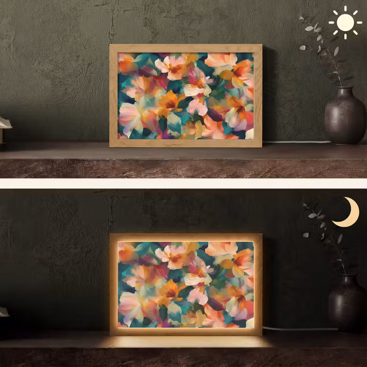 Harmonieus - Abstracte bloemen - Warme tinten Light Box met kabel (Tafellamp) klein -sfeer3