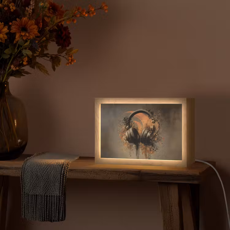 Koptelefoon - Bruin - Verf - Vintage Light Box met kabel (Tafellamp) klein -sfeer4