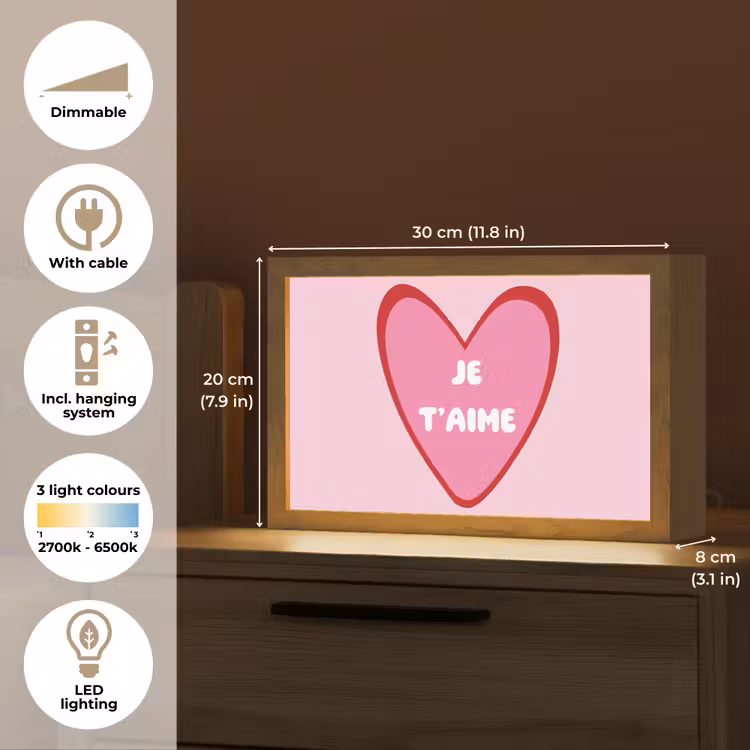 Hart - Frans - Valentijn - Roze Light Box met kabel (Tafellamp) klein -USP_EN