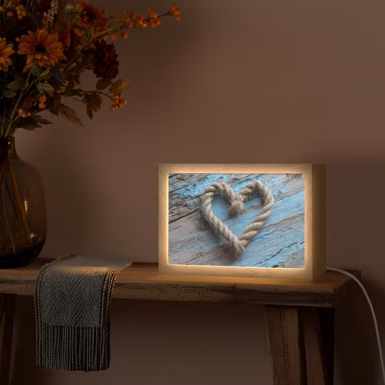 Hart - Touw - Hout - Rustiek Light Box met kabel (Tafellamp) klein -sfeer4