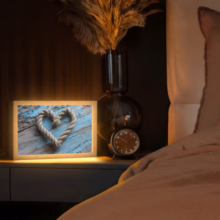 Hart - Touw - Hout - Rustiek Light Box met kabel (Tafellamp) klein -sfeer1