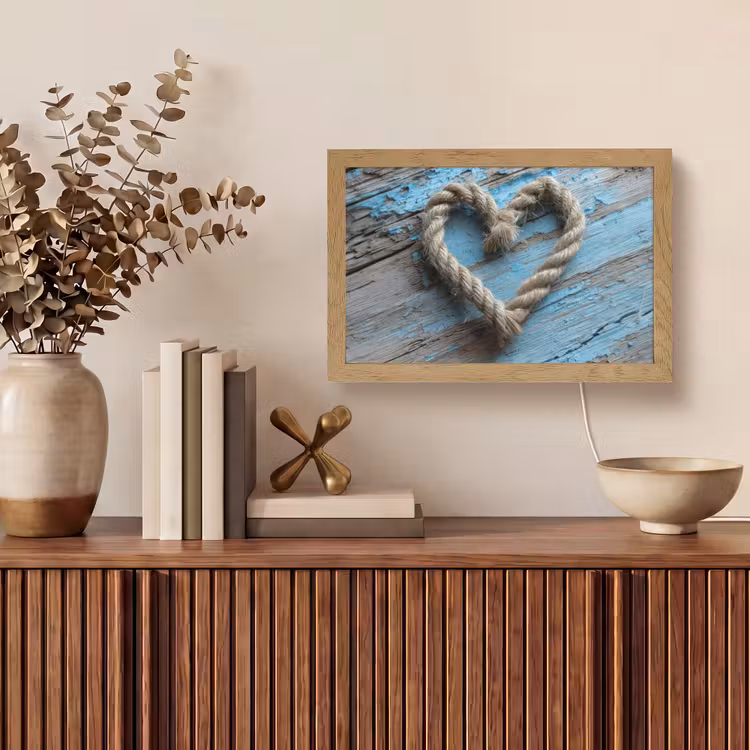 Hart - Touw - Hout - Rustiek Light Box met kabel (Tafellamp) klein -sfeer2