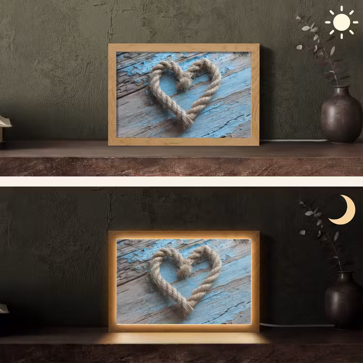 Hart - Touw - Hout - Rustiek Light Box met kabel (Tafellamp) klein -sfeer3
