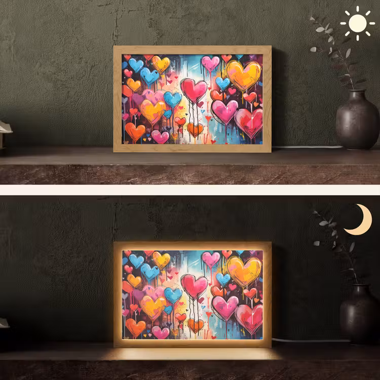 Hartjes - Kleuren - Kunst - Liefde Light Box met kabel (Tafellamp) klein -sfeer3