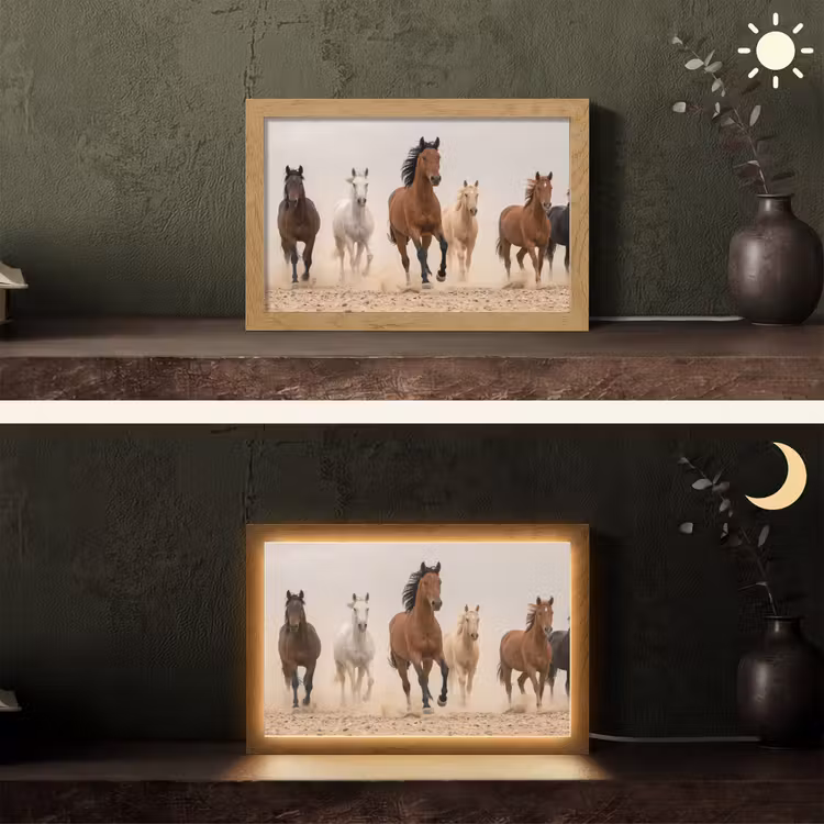 Kudde paarden - Stofwolk - Bruin - Zwart Light Box met kabel (Tafellamp) klein -sfeer3
