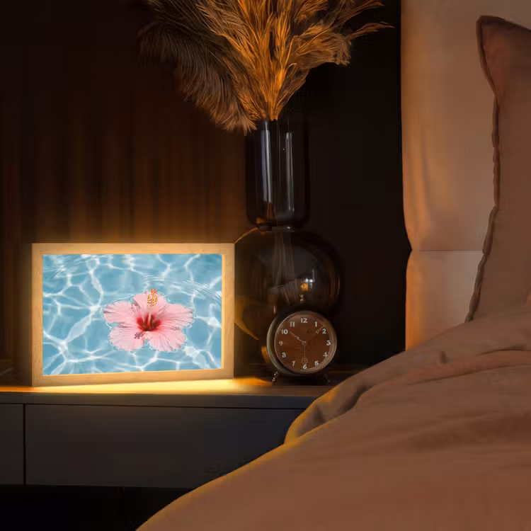 Hibiscus - Water - Roze Light Box met kabel (Tafellamp) klein -sfeer1