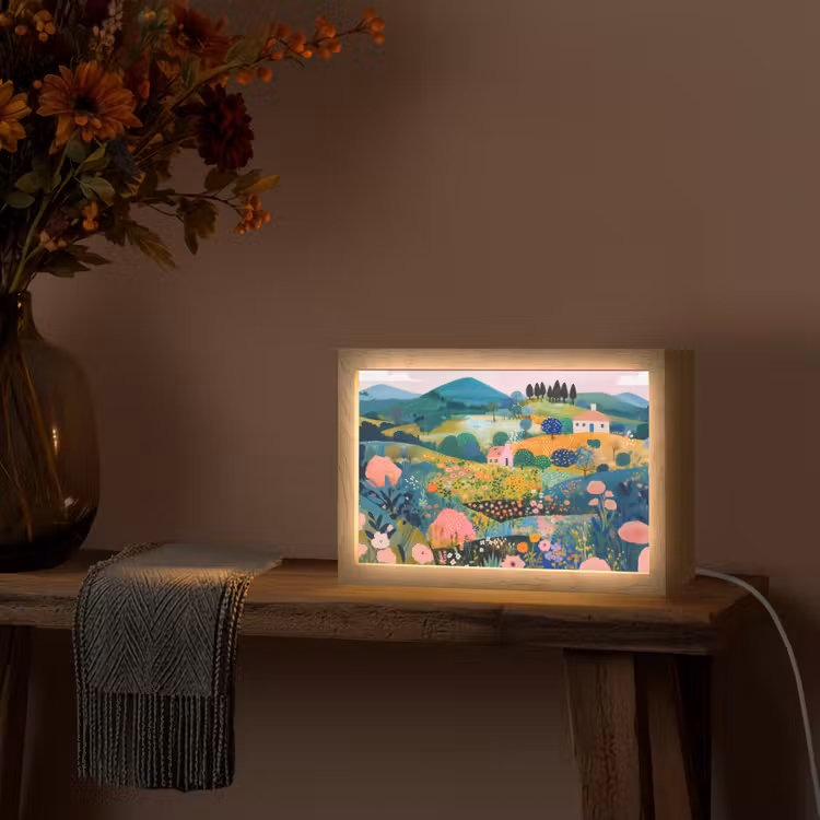 Heuvellandschap - Fantasierijk - Kleurcontrasten Light Box met kabel (Tafellamp) klein -sfeer4