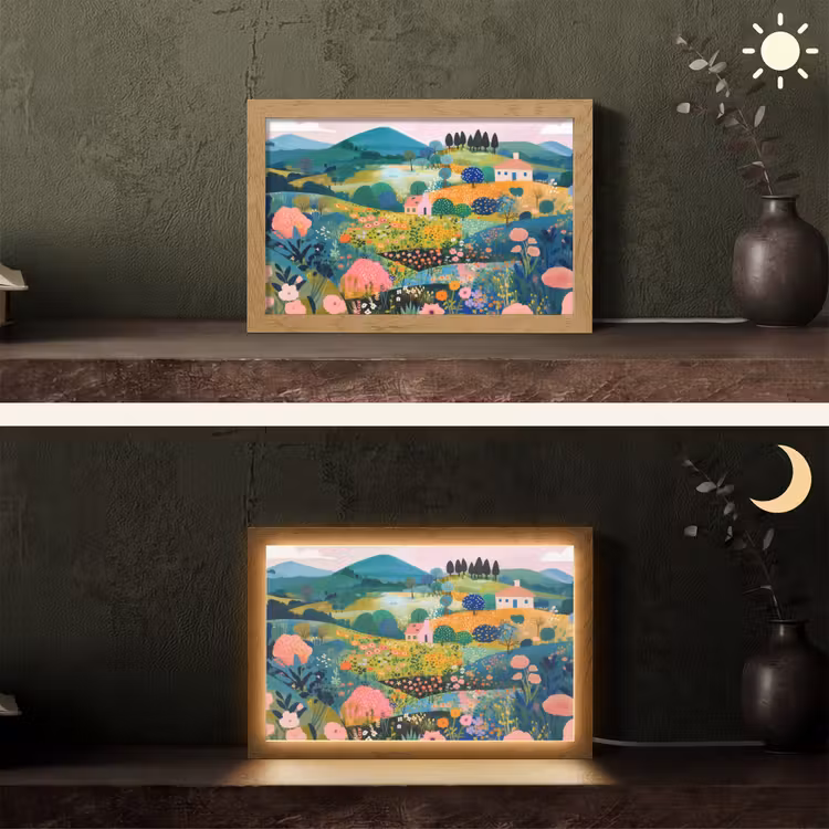 Heuvellandschap - Fantasierijk - Kleurcontrasten Light Box met kabel (Tafellamp) klein -sfeer3