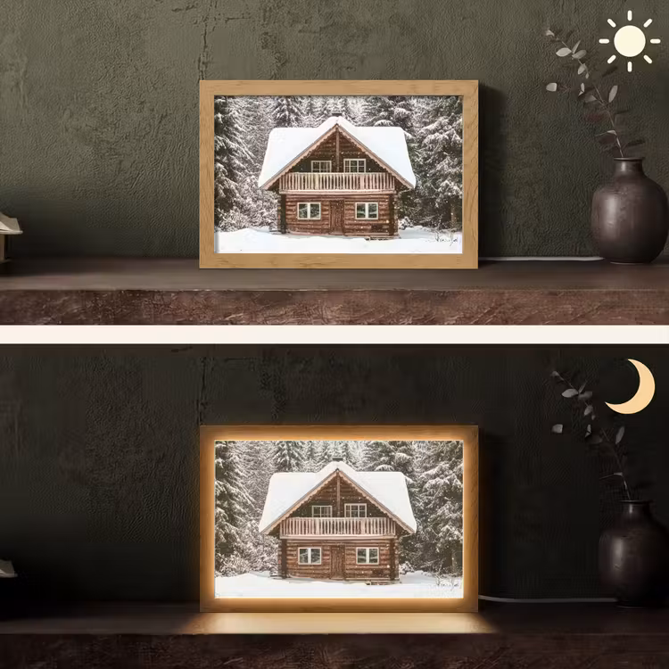Huis - Bos - Winter - Natuur - Sneeuw Light Box met kabel (Tafellamp) klein -sfeer3