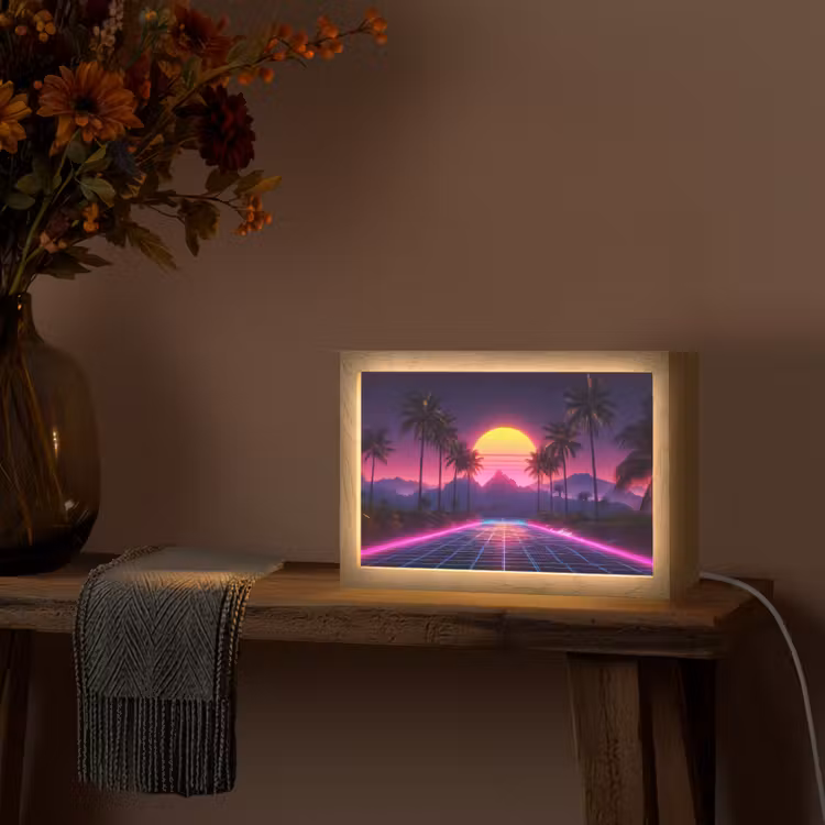 Horizon - Palmbomen - Bergen - Geel Light Box met kabel (Tafellamp) klein -sfeer4