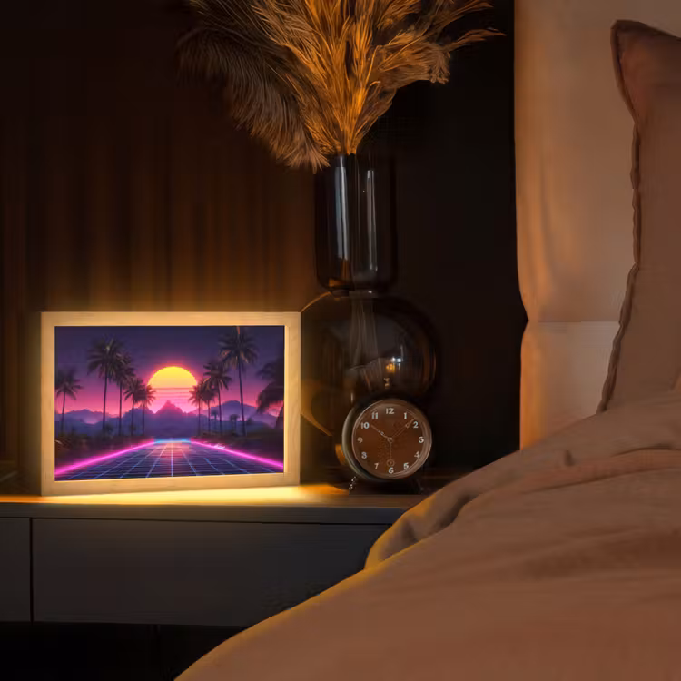 Horizon - Palmbomen - Bergen - Geel Light Box met kabel (Tafellamp) klein -sfeer1