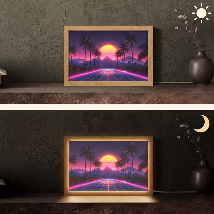 Horizon - Palmbomen - Bergen - Geel Light Box met kabel (Tafellamp) klein -sfeer3