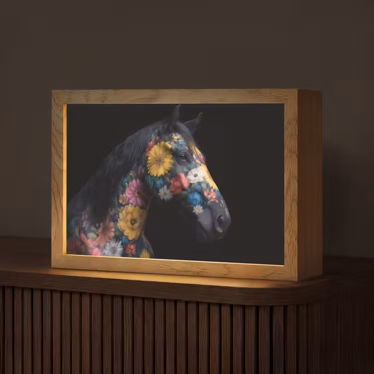 Paard - Bloemen - Zwart Light Box met kabel (Tafellamp) klein -z3d_website