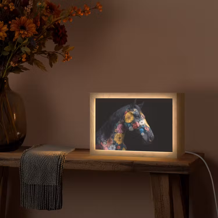 Paard - Bloemen - Zwart Light Box met kabel (Tafellamp) klein -sfeer4