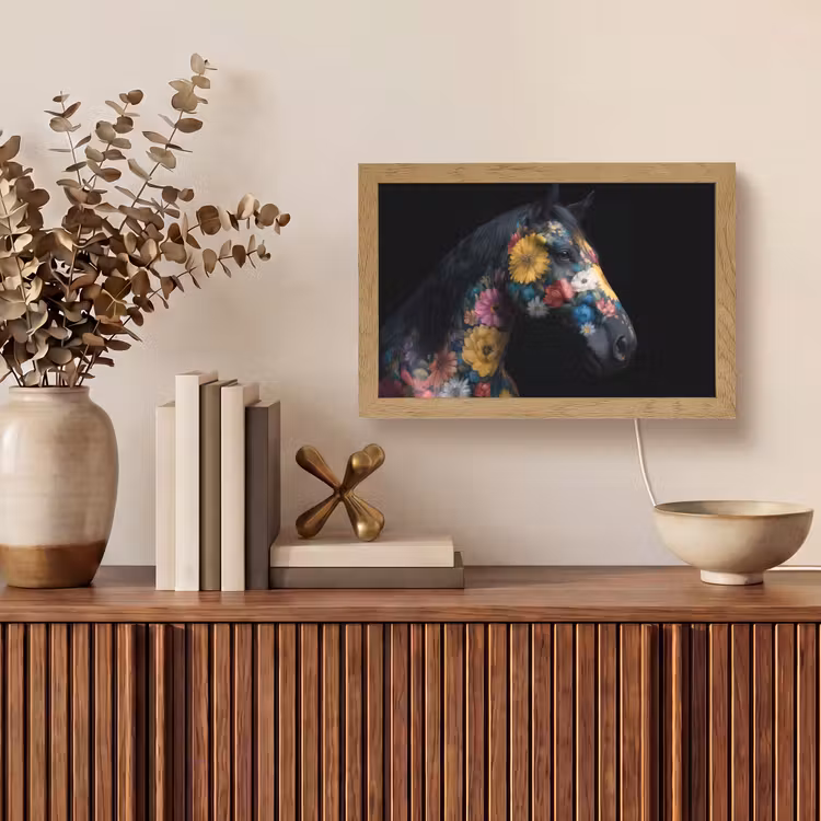 Paard - Bloemen - Zwart Light Box met kabel (Tafellamp) klein -sfeer2