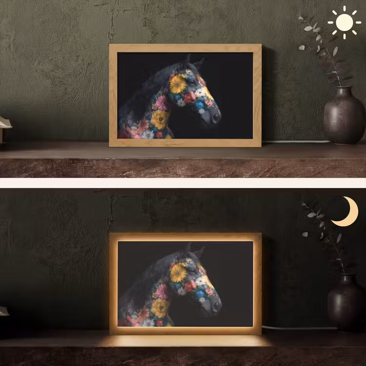 Paard - Bloemen - Zwart Light Box met kabel (Tafellamp) klein -sfeer3